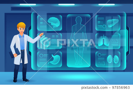Medical holographic scene . Doctor is diagnose by health technology with patient body scan . Augmented Reality concept . Vector . 97856963