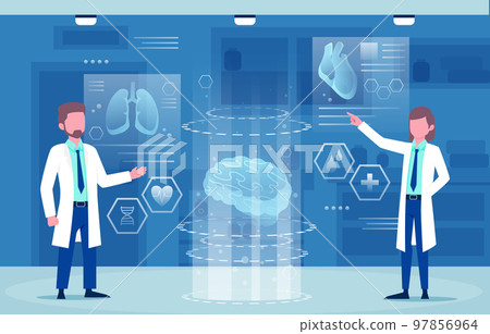 Medical holographic scene . Doctor is diagnose by health technology with patient body scan . Augmented Reality concept . Vector . 97856964