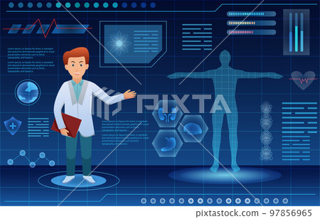 Medical holographic scene . Doctor is diagnose by health technology with patient body scan . Augmented Reality concept . Vector . Medical holographic scene . Doctor is diagnose by health technology with patient body scan . Augmented Reality concept . Vector . 97856965