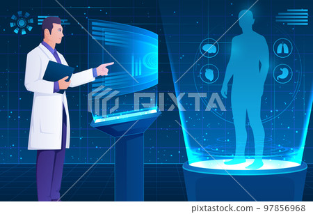 Medical holographic scene . Doctor is diagnose by health technology with patient body scan . Augmented Reality concept . Vector . Medical holographic scene . Doctor is diagnose by health technology with patient body scan . Augmented Reality concept . Vector . 97856968