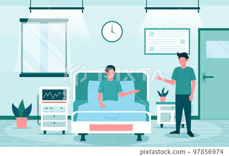 Inpatient department with doctor and patient characters . Hospital scene . Flat design . Vector . 97856974