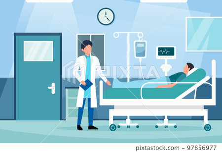 Inpatient department with doctor and patient characters . Hospital scene . Flat design . Vector . 97856977