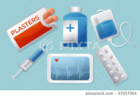 Set of medical and scientific equipments . Plasters . Syringe . Medicine bottle . Package of pill . Saline solution bag . ECG monitoring device . Vector . 97857004