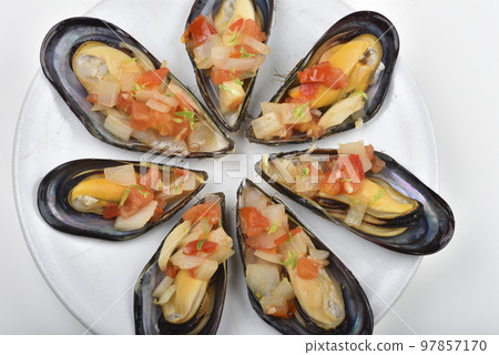 High angle view of cooking food plate with mussels seafood 97857170
