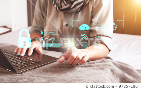 Cybersecurity Concept Global network security technology,  protect personal information. Encryption with a key icon on the virtual interface. 97857180