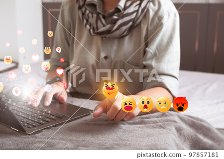 Social media and online digital concepts Coming out as a hologram icon : Concept holiday living and social media social distancing. 97857181