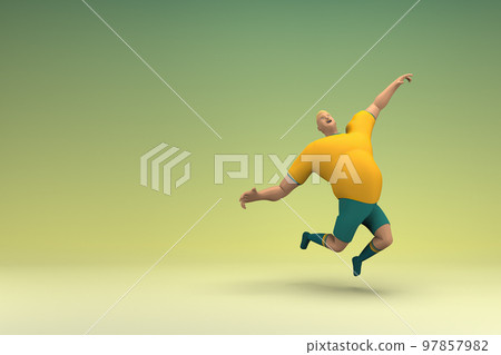 An athlete wearing a yellow shirt and green pants is jumping. 3d rendering of cartoon character in acting. 97857982