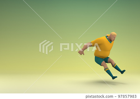 An athlete wearing a yellow shirt and green pants is jumping. 3d rendering of cartoon character in acting. An athlete wearing a yellow shirt and green pants is jumping. 3d rendering of cartoon character in acting. 97857983