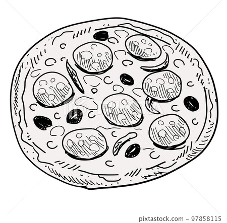 Salami pizza watercolor painting hand drawing outline illustration 97858115