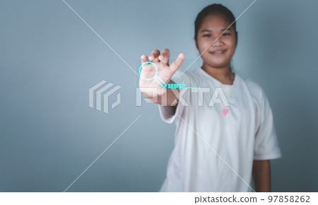The concept of searching for information from the phone's network. with by holding the phone in hand and the magnifying glass icon. 97858262