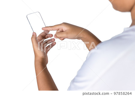 The phone is placed on the lid of the person hand. Communication technology concept. 97858264