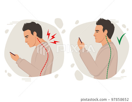 Posture man vector illustration, incorrect head angle using phone, bad posture, backache, Shoulder pain, curvature of the spine, Incorrect posture using mobile smart phone flat cartoon style 97858652
