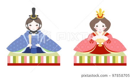 女兒節三月桃花節插畫集。可愛的天皇和人偶，裝飾品。 97858705