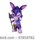 Cartoonish 3D illustration rendering of a purple-clad, spear-wielding rabbit man from an unnamed indigenous people. 97858782