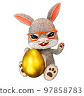 3d rendering illustration of a sweet and fluffy Easter bunny sitting while carrying a golden egg. 97858783