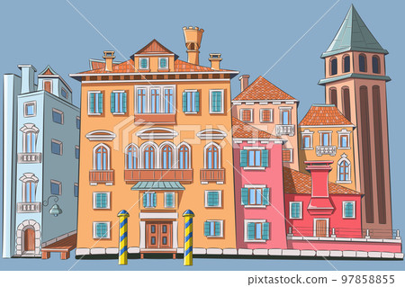Color drawing of old multi-colored traditional Venetian houses and a jetty on the bank of a canal. 97858855