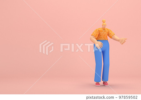 The woman with golden hair tied in a bun wearing blue corduroy pants and Orange T-shirt with white stripes. She is expression of hand when talking. 3d rendering of cartoon character in acting. The woman with golden hair tied in a bun wearing blue corduroy pants and Orange T-shirt with white stripes. She is expression of hand when talking. 3d rendering of cartoon character in acting. 97859502