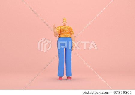 The woman with golden hair tied in a bun wearing blue corduroy pants and Orange T-shirt with white stripes.  She is expression  of hand when talking. 3d rendering of cartoon character in acting. 97859505