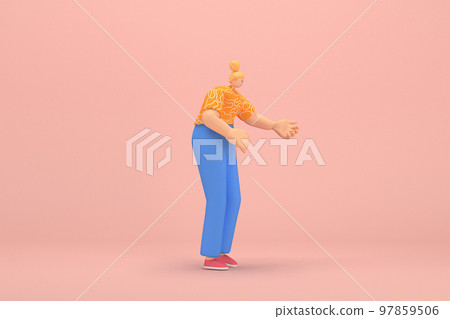 The woman with golden hair tied in a bun wearing blue corduroy pants and Orange T-shirt with white stripes.  She is expression  of hand when talking. 3d rendering of cartoon character in acting. 97859506