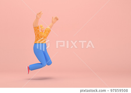 The woman with golden hair tied in a bun wearing blue corduroy pants and Orange T-shirt with white stripes.  She is jumping. 3d rendering of cartoon character in acting. 97859508