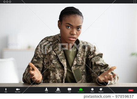 Video Call Screenshot. Serious Black Soldier Woman Talking And Gesturing At Camera 97859637