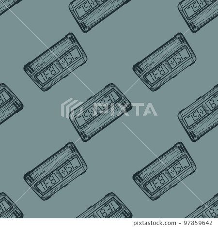 Chess clock electric engraved seamless pattern. Retro watch for chess game in hand drawn style. Sketch texture for fabric, wallpaper, textile, print, title, wrapping paper. Vector illustration. 97859642
