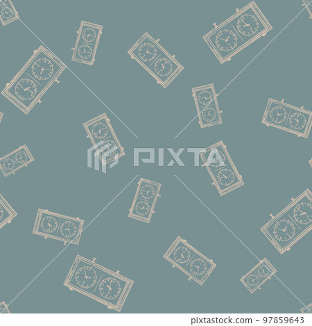 Chess clock engraved seamless pattern. Retro watch for chess game in hand drawn style. Sketch texture for fabric, wallpaper, textile, print, title, wrapping paper. Vector illustration. Chess clock engraved seamless pattern. Retro watch for chess game in hand drawn style. Sketch texture for fabric, wallpaper, textile, print, title, wrapping paper. Vector illustration. 97859643