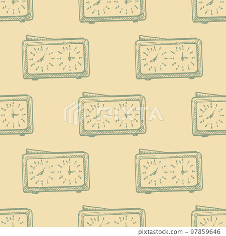 Chess clock engraved seamless pattern. Retro watch for chess game in hand drawn style. Sketch texture for fabric, wallpaper, textile, print, title, wrapping paper. Vector illustration. Chess clock engraved seamless pattern. Retro watch for chess game in hand drawn style. Sketch texture for fabric, wallpaper, textile, print, title, wrapping paper. Vector illustration. 97859646