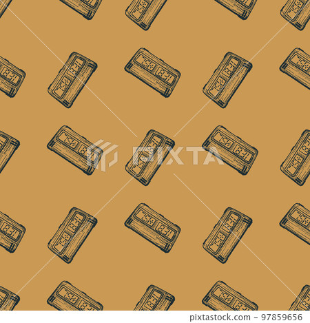 Chess clock electric engraved seamless pattern. Retro watch for chess game in hand drawn style. Sketch texture for fabric, wallpaper, textile, print, title, wrapping paper. Vector illustration. Chess clock electric engraved seamless pattern. Retro watch for chess game in hand drawn style. Sketch texture for fabric, wallpaper, textile, print, title, wrapping paper. Vector illustration. 97859656