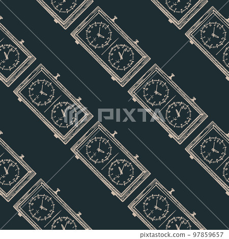 Chess clock engraved seamless pattern. Retro watch for chess game in hand drawn style. Sketch texture for fabric, wallpaper, textile, print, title, wrapping paper. Vector illustration. Chess clock engraved seamless pattern. Retro watch for chess game in hand drawn style. Sketch texture for fabric, wallpaper, textile, print, title, wrapping paper. Vector illustration. 97859657