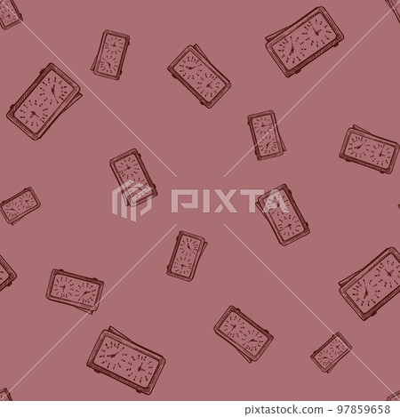 Chess clock engraved seamless pattern. Retro watch for chess game in hand drawn style. Sketch texture for fabric, wallpaper, textile, print, title, wrapping paper. Vector illustration. Chess clock engraved seamless pattern. Retro watch for chess game in hand drawn style. Sketch texture for fabric, wallpaper, textile, print, title, wrapping paper. Vector illustration. 97859658