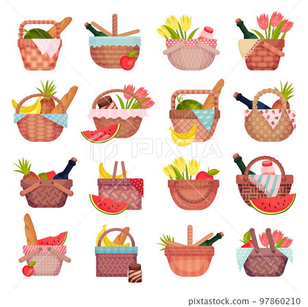 Picnic baskets set. Willow weaving hampers with wine, bread, fruits and flowers cartoon vector Picnic baskets set. Willow weaving hampers with wine, bread, fruits and flowers cartoon vector 97860210