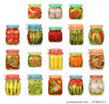 Canned vegetables set. Glass jars with pickled tomatoes, cucumbers, corn cobs, mushrooms cartoon vector 97860211
