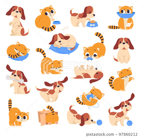 Set of cute puppy and kitten. Adorable little pet animals playing, sleeping and eating cartoon vector 97860212