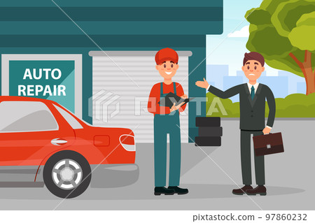 Businessman visiting repair service and talking with car mechanic. Repairing vehicle in maintenance workshop cartoon vector 97860232