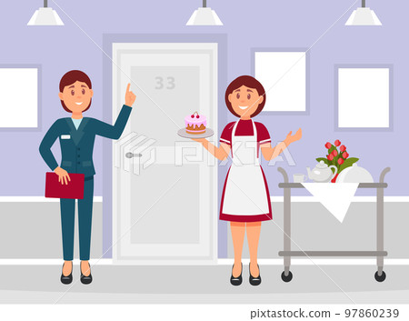 Professional watress and manager standing in hotel hall, establishment services staff. Hotel room service workers in uniform cartoon vector Professional watress and manager standing in hotel hall, establishment services staff. Hotel room service workers in uniform cartoon vector 97860239