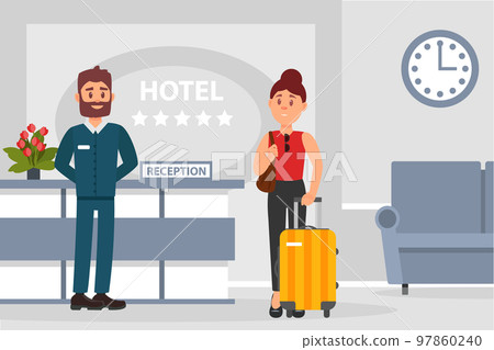Hotel reception with manager at registration desk and female tourist with suitcase. Hotel establishment service staff cartoon vector Hotel reception with manager at registration desk and female tourist with suitcase. Hotel establishment service staff cartoon vector 97860240