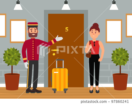 Professional bellboy carrying suitcase of female hotel guest. Hotel porter service worker cartoon vector Professional bellboy carrying suitcase of female hotel guest. Hotel porter service worker cartoon vector 97860241