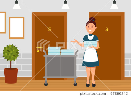 Professional maid standing at trolley with clean linen in hotel. Hotel room service worker in uniform, female housekeeper character cartoon vector Professional maid standing at trolley with clean linen in hotel. Hotel room service worker in uniform, female housekeeper character cartoon vector 97860242