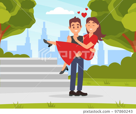Happy loving couple having romantic date outdoors. Man carrying beautiful woman on his hands cartoon vector Happy loving couple having romantic date outdoors. Man carrying beautiful woman on his hands cartoon vector 97860243