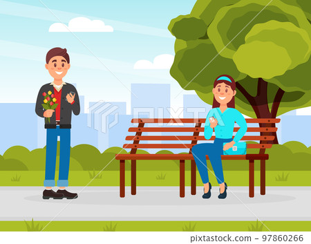 Couple of man and woman meeting in city park. First romantic date in public place cartoon vector Couple of man and woman meeting in city park. First romantic date in public place cartoon vector 97860266