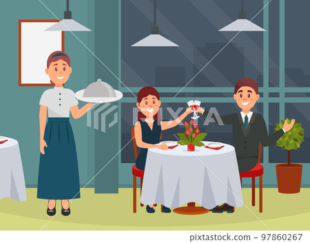 Happy elegant couple sitting together at table and drinking wine in restaurant. Man and woman raising their glasses looking at each other. Loving couple on date cartoon vector Happy elegant couple sitting together at table and drinking wine in restaurant. Man and woman raising their glasses looking at each other. Loving couple on date cartoon vector 97860267