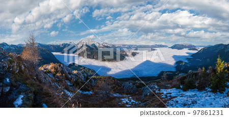 Autumn Alps mountain misty morning view from Jenner Viewing Platform, Schonau am Konigssee, Berchtesgaden national park, Bavaria, Germany. Autumn Alps mountain misty morning view from Jenner Viewing Platform, Schonau am Konigssee, Berchtesgaden national park, Bavaria, Germany. 97861231