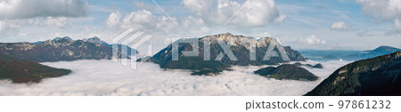 Autumn Alps mountain misty morning view from Jenner Viewing Platform, Schonau am Konigssee, Berchtesgaden national park, Bavaria, Germany. Autumn Alps mountain misty morning view from Jenner Viewing Platform, Schonau am Konigssee, Berchtesgaden national park, Bavaria, Germany. 97861232