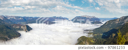 Autumn Alps mountain misty morning view from Jenner Viewing Platform, Schonau am Konigssee, Berchtesgaden national park, Bavaria, Germany. Autumn Alps mountain misty morning view from Jenner Viewing Platform, Schonau am Konigssee, Berchtesgaden national park, Bavaria, Germany. 97861233