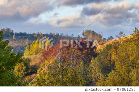 Foggy early morning autumn mountains scene. Peaceful picturesque traveling, seasonal, nature and countryside beauty concept scene. Carpathian Mountains, Ukraine. 97861255