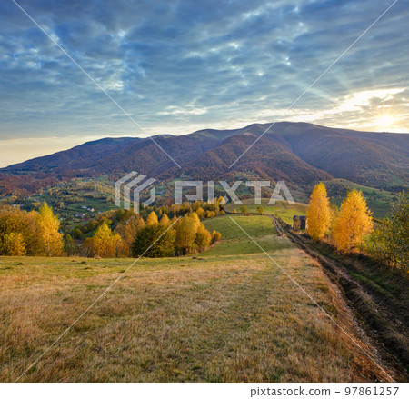 Autumn morning Carpathian Mountains calm picturesque scene, Ukraine. Peaceful traveling, seasonal, nature and countryside beauty concept scene. 97861257