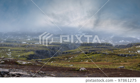 Beautiful mountain view during auto trip in Iceland. Spectacular Icelandic landscape with  scenic nature 97861275