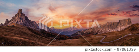 Mountain evening dusk peaceful panorama from Giau Pass. 97861359