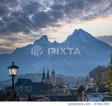 Autumn hazy day Berchtesgaden town and Watzmann top, Germany Autumn hazy day Berchtesgaden town and Watzmann top, Germany 97861364